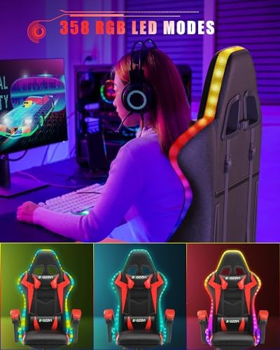 Bigzzia Gaming Chair with RGB LED Lights for Kids & Adults, High Back Ergonomic Computer Gamer Chair with Headrest and Lumbar Support, Racing Style Reclining Game Chair (Black/Red)