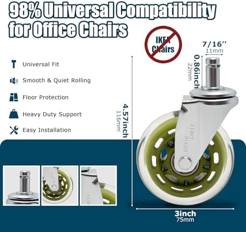 Office Chair Wheels 3 Inch, 880LBS Heavy Duty Casters, Silver Green