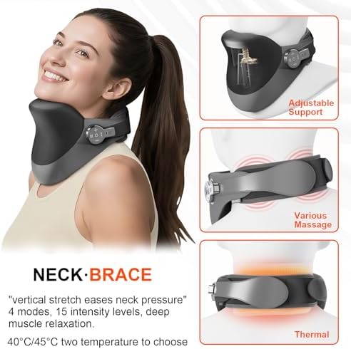 3-in-1 Neck Massager with Height Adjustable Traction, 15-Level Massage & 2 Heat Levels, Electric Cervical Stretcher for Pain Relief, Portable Neck Support for Home Office Travel