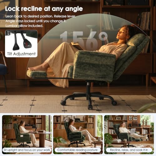 ELABEST C57 Ergonomic Reclining Office Chair with Footrest,Velvet Desk Chairs with 6-Stage Adjustable Wing Armrests for Cross Legged Sitting, Pet-Friendly High Back Lounge Gaming Chair for Home Office