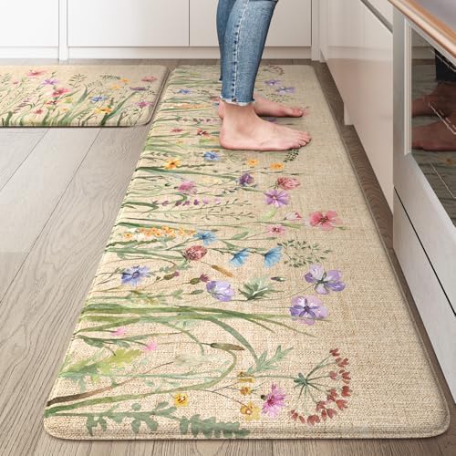 KIMODE Anti Fatigue Kitchen Mats, Brown Farmhouse Kitchen Rugs Sets of 2