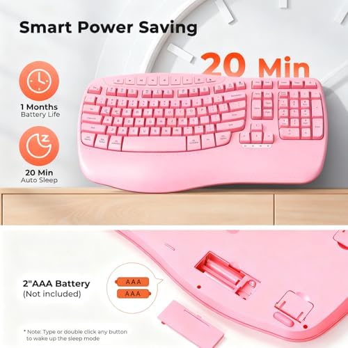 MEETION Wireless Ergonomic Keyboard with Wave Keys and Wrist Rest - Pink