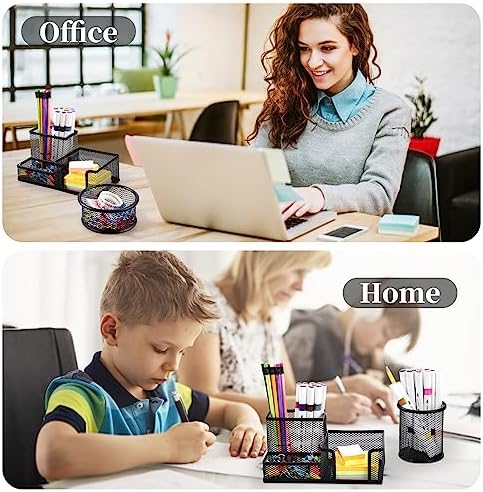 2-Piece Desk Pen & Pencil Organizer - Mesh Metal Pen Cup with Sticky Notes Holder, Black