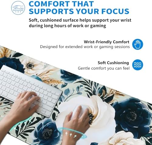 Extended Peony Florals Desk Mat, XL Large Gaming Mouse Pad, Elegant Flowers Boho Navy Blue Stitched Edges Waterproof Non-Slip Rubber Base for Computer Keyboard Laptop Work Home Office 31.5"x11.8"
