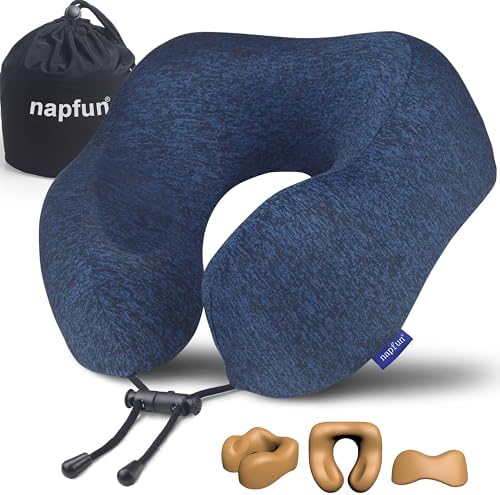 napfun Neck Pillow for Travel, Memory Foam Airplane Pillow, Full Dark Blue