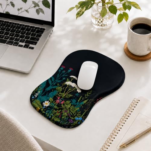 Ergonomic Mouse Pad with Wrist Rest, Mouse Pad with Memory Foam Massage Support, Non-Slip PU Base, Comfortable Typing Cushion for Home Office Computer Laptop, Flowers Grass