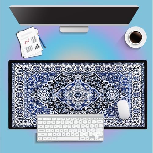 Vintage Oriental Persian Floral Large Mouse Pad, Blue White Black Desk Mat