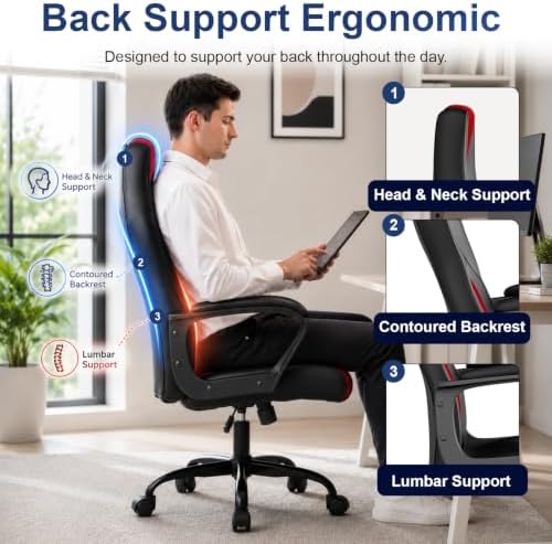 PayLessHere Gaming Chair Ergonomic Office Chair Computer Chair with Lumbar Support Ergonomic Pu Leather Adjustable Height Executive Chair for Women Men and Adults,Red