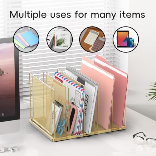 File Organizer for Desk, 5-Section Vertical File Sorter, Paper Holder Organizer Standing Metal File Folder for Office Home Classroom, Gold