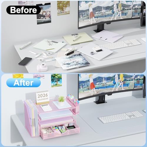 gianotter Desk Organizers and Accessories with File Holder, 4-Tier Desk Accessories & Workspace Organizers with Drawer and 2 Pen Holder, Paper Organizer for Office Supplies (Pink)