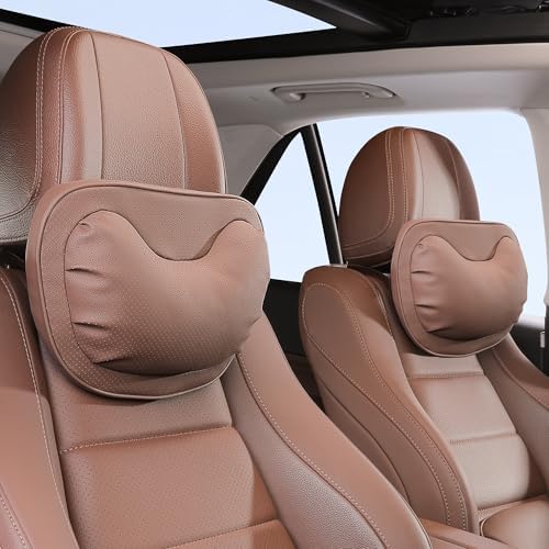 Car Neck Pillow [No More Pressure] Soft Comfortable Premium Leather Headrest with Adjustable Strap – Ergonomic Support for Driving, Office & Gaming, Brown, 2 Pack