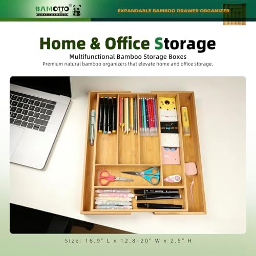 BAMOTTO CRAFTBAMBOO Expandable Bamboo Drawer Organizer for Kitchen, 8 Slot