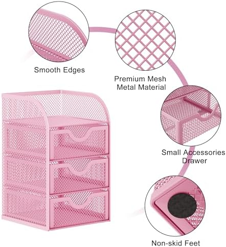 EasyPAG Mesh Desk Organizer with 3 Drawer Office Desktop Organizers and Accessories Stationery Caddy for Office, Home, Students, Pink
