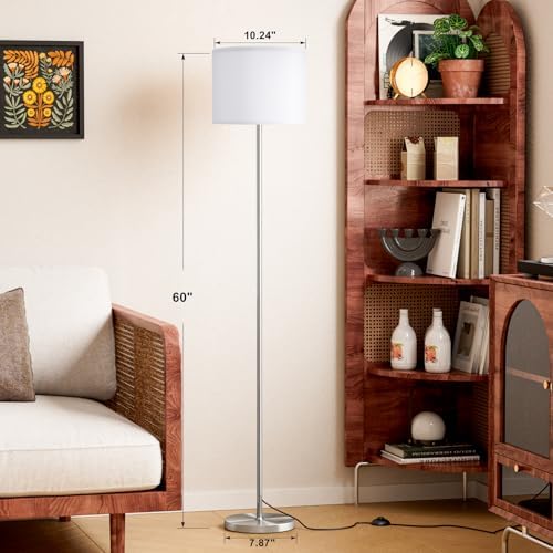 Ambimall 60'' Modern Floor Lamp with Shade, Tall Lamps for Living Room, Bedroom, Office, Dining Room, White Shade with Silver Pole(Without Bulb)