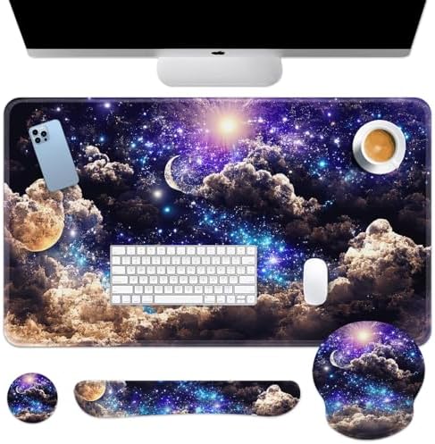 Britimes Keyboard Mouse Pad Set, 4 in 1 Desk Mat Set, Space Moon