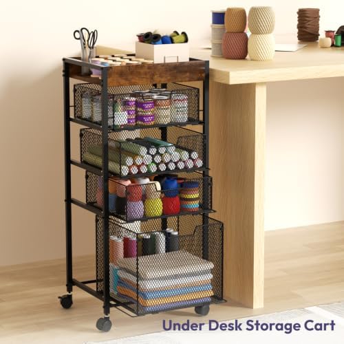 SWTYMIKI Rolling File Cart with Drawers - 5 Tier Art Craft Rolling Organizer Cart - Office Storage &Organization, Mobile Metal File Cabinet for Office and Home Espresso