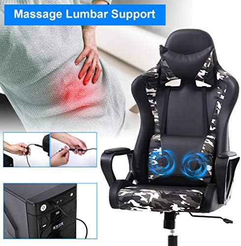 PC Gaming Chair Office Racing Desk Chair With Lumbar Support, Arms, Headrest, Massage - High Back PU Leather Ergonomic Computer Chair, Adjustable Swivel for Women Men Adult, Camo