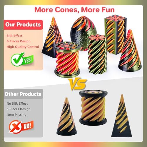 6 Packs Spiral Cone 3D Printed Fidget Toy Set, Flexible Impossible Cone Pyramid Passthrough Toys for Stress Relief, Desk Deco Relaxing for Kids Adults, Black&Cyan Gold + Gold&Red