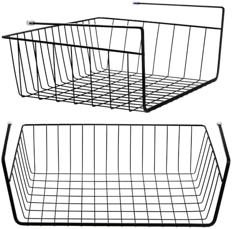 Tebery 2 Pack Black Under Shelf Wire Basket, Hanging Storage Baskets Under Cabinet Add-on Storage Racks, Slide-in Baskets Organizer for Kitchen Pantry Desk Bookshelf