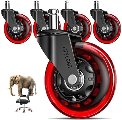 Lifelong Office Chair Wheels Replacement, Heavy Duty, Red, 5-Pack Fits 98%