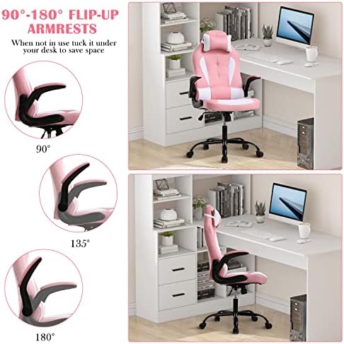 Pink Gaming Chair, PU Leather Gaming Chairs for Adults, Comfy Office Chair Ergonomic Desk Chair Computer Chair with Flip Up Arms, Swivel Reclining Gamer Chair, Height & Backrest Adjustable, 300 Lbs