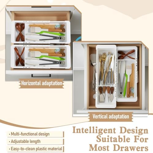 2Pcs Expandable Sliding Drawer Tray with Adjustable Dividers