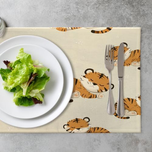 Cute Tiger in Tan Placemats, Sleeping Tigers Pattern Place Mats for Dining/Kitchen Table Waterproof Washable Linen Heat Insulation Dinner Table Mats 12X18 in 8 Pcs