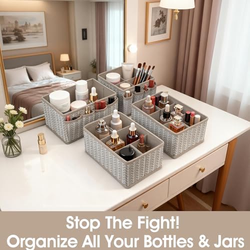 Cosmetic Storage Bins Makeup Organizer, Adjustable Multifunction Storage Box Desk Drawer Divider for Makeup Brushes, Bathroom Countertop or Dresser, Set of 4 (Grey)