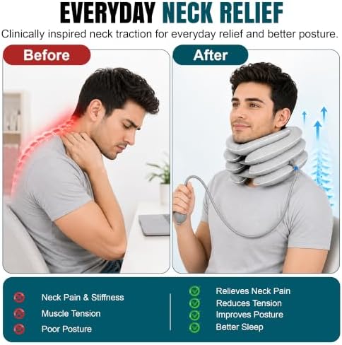 Inflatable Neck Stretcher Cervical Traction Device with 3 Layer Adjustable Pillow - Ergonomic Cervical Neck Pillow for Pain and Stress Relief, Posture Support, Relaxation, Decompression Home Use