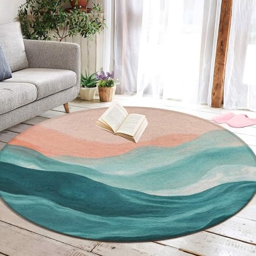 Fashion Round Area Rug Large Non Slip Carpet Unisex Home Decor Mat Abstract Painting Beach Sand Wave Pink Blue Teal