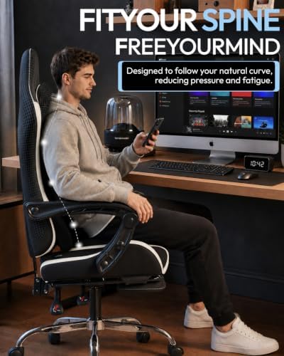 Dowinx Ergonomic Gaming Chair with Footrest & Massage Lumbar, 2D-Linkage Armrests for Computer Chair 330lbs with Headrest Pillow for Office, Home, Streaming and Long Gaming Sessions, White