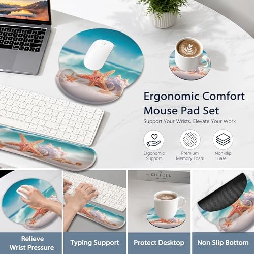 Starfish Wrist Rest Support for Mouse Pad Keyboard Set, Shell Beach Mouse Pad with Non Slip Rubber Base for Home and Office Typing Support