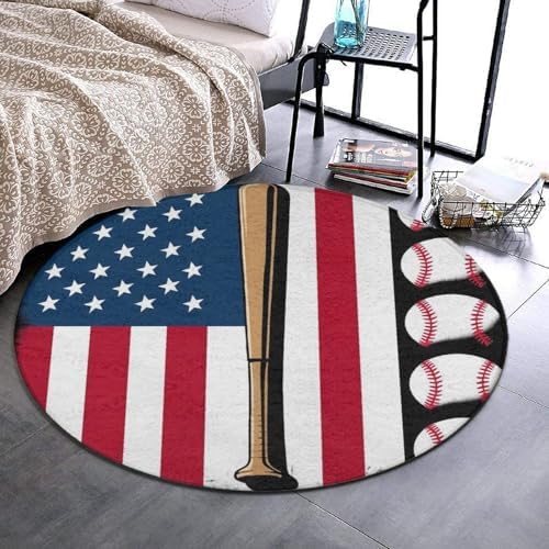 Large Machine Washable Circular Rugs, Home Decor Round Mat for Living Room Sofa Office Red Line Baseball American Flag