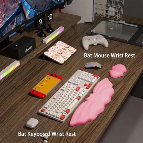 Halloween Bat Keyboard Wrist Rest Set, Ergonomic PU Leather Wrist Support for Keyboard & Mouse, Soft Memory Foam Wrist Pad with Non-Slip Base for Office, Gaming, Laptop & Compute(Pink)