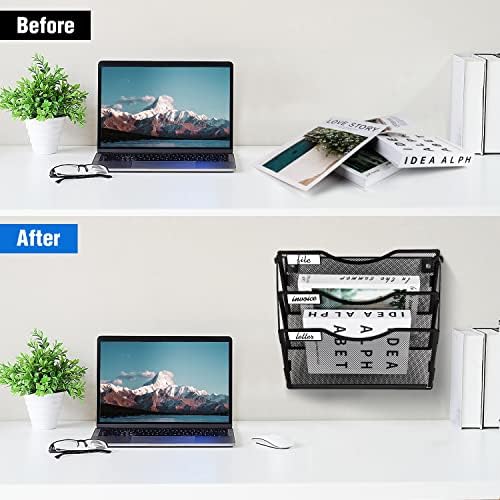 BOHDK Wall File Organizer 3 Pockets, Mail Organizer, Hanging Folder Holder, Foldable | Hanging or Wall Mounted | Label Panel | 2 Hooks | Office Home School Organizer, Black