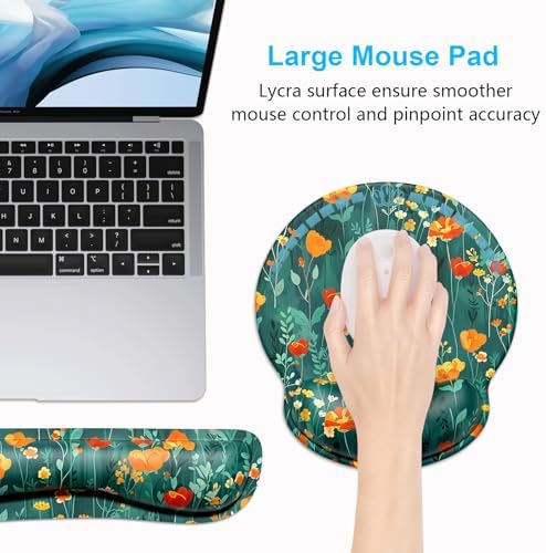 Dapesuom Keyboard Wrist Rest and Mouse Pad with Wrist Support, Cute Memory Foam Cushion for Keyboard and Mouse Set, Desktop Pad Rests with Non Slip Base for Easy Typing & Pain Relief, Forest Flowers