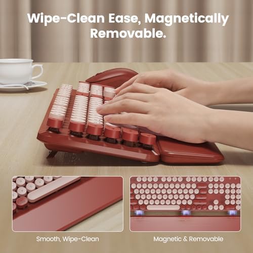 Wireless Keyboard Mouse Combo, Magnetic Wrist Rest, Round Keycaps, Wine Red