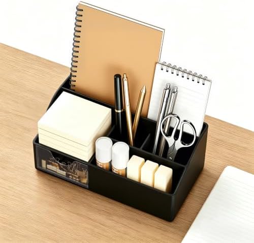 HBlife Acrylic Desk Organizer with Drawer, Pen & Pencil Holder, Multifunctional Desktop Caddy for Office Supply and Organization (Black, 2 Pack)
