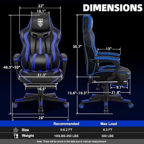 Vonesse Gaming Chairs for Adults, Gamer Chair with Footrest and Massage, Reclining Big and Tall Ergonomic Gaming Chair, Computer Chairs for Heavy People 300LBS (Blue/Black)