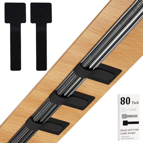 80PCS Hook and Loop Cable Straps, Cable Management Under Desk, Adhesive Cable Ties, Reusable Wire Organizers for Cords, Cords Management, Computer Accessories for Desk, Home Office Essentials, Black