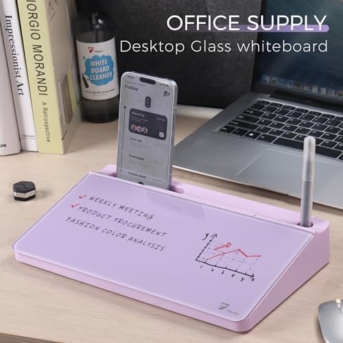 TOWON Compact Glass Desktop Whiteboard with Storage 12x7 in, Lavender