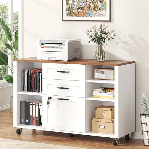 3 Drawer Wood Lateral File Cabinet with Lock, Rolling Mobile Filing Cabinet with Open Storage Shelves, Printer Stand Office Storage Cabinet for Home Office Fits Files Legal/A4 Size, White