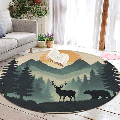 Fashion Round Area Rug Large Non Slip Carpet, Sunset Country Rustic Farmhouse Deer Bear Unisex Home Decor Mat