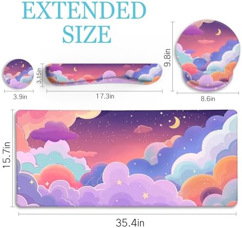 LIMKRIAN Purple Mouse Pad Large Desk Mat Set, Kawaii Clouds Ergonomic Mouse Pad with Wrist Rest Keyboard Wrist Support XXL Mousepad Cup Coaster Set, Cute Purple Office Desk Accessories Decor Supplies