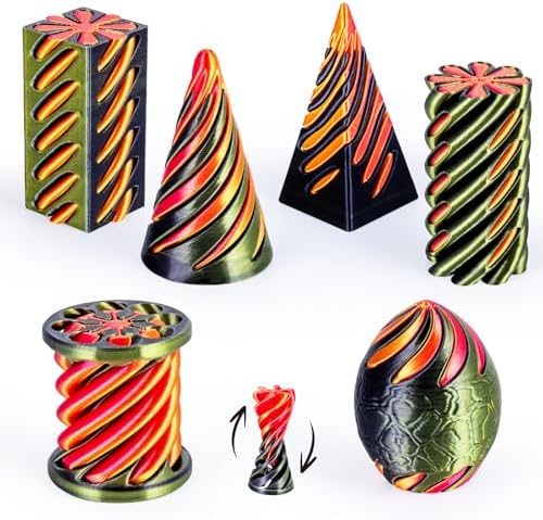 6 Packs Spiral Cone 3D Printed Fidget Toy Set, Flexible Impossible Cone Pyramid Passthrough Toys for Stress Relief, Desk Deco Relaxing for Kids Adults, Black&Cyan Gold + Gold&Red