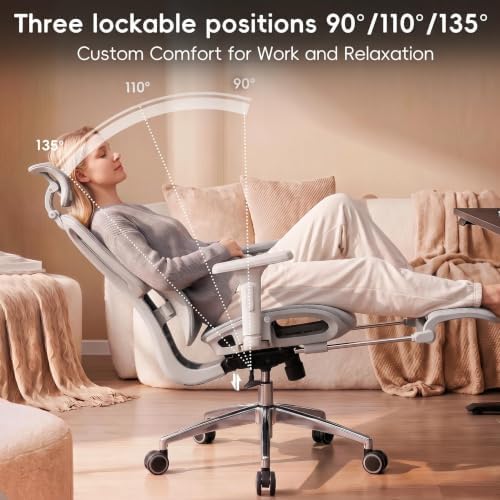 Vonesse Ergonomic Office Chair with Footrest, Desk Chairs with Dynamic Lumbar Support & Adjustable Depth Breathable Mesh Seat, Computer Gaming Chair with Adjustable 3D Headrest and Armrests (Grey)