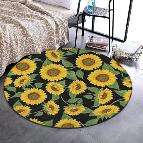 Circular Rugs Large Modern Round Area Rug Fashion Decor Mat for Home Office Beautiful Sunflower Yellow Flowers Green Leaves Black Floral, 24inch