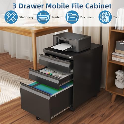 3 Drawer File Cabinet Under Desk with Wheels,Metal Small Filing Cabinets for Home Office Organizer,Rolling Filing Cabinets Under Desk Storage for Letter/Legal/A4,Assembly Required,Black