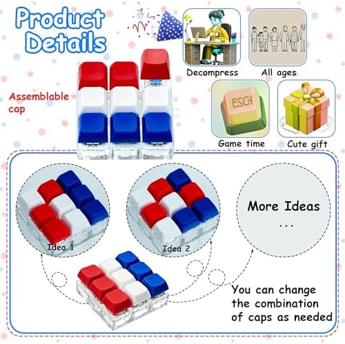 9 in 1 Keyboard Fidget Keychain Toy for Adult Kids to Stress Relief, 4th of July Keyboard Decompression Button Finger Clicker Toys, Patriotic Cube Mechanical Fidget Gifts for Office Home