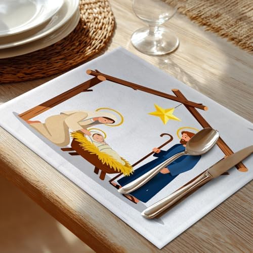 Shrahala Christmas Christ Scene Set Of 6 12 X 18 Inch Linen Placemats , Merry Christmas Concept With Holy Burlap Table Mat Washable Double Layered Heat Insulation For Indoor/Outdoor